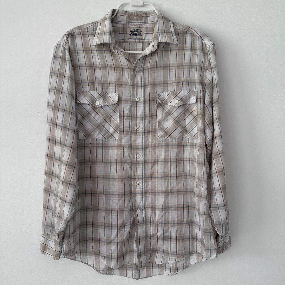 Vintage Levi's Plaid Western Shirt 80s Medium M Korea Paper Thin White Tab